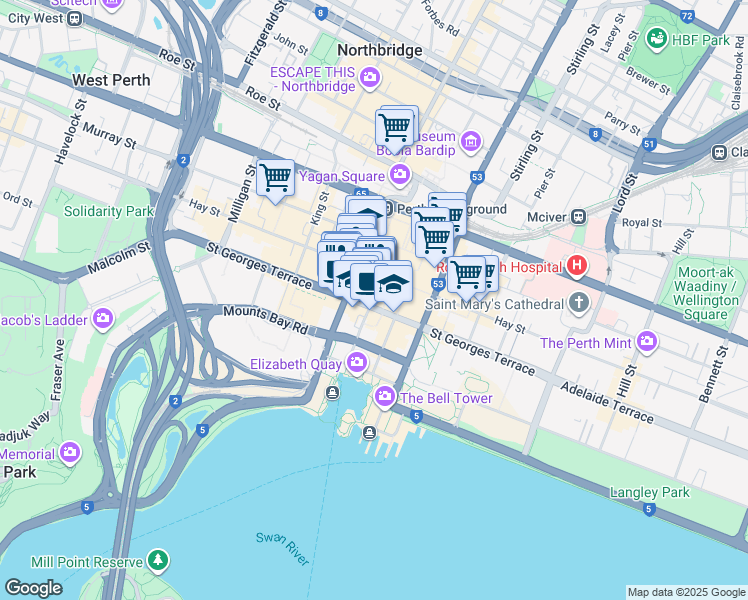 map of restaurants, bars, coffee shops, grocery stores, and more near 58 William Street in Perth