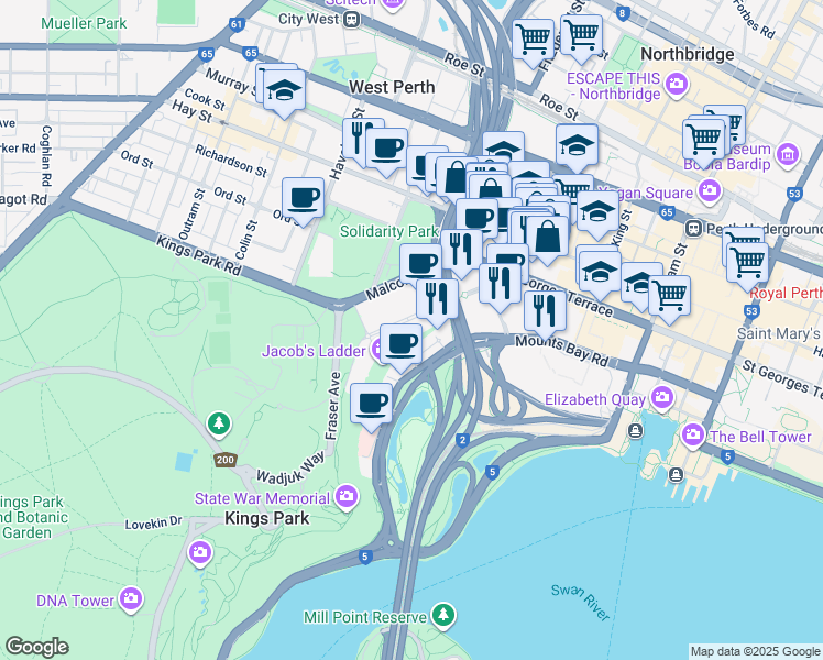 map of restaurants, bars, coffee shops, grocery stores, and more near 51 Mount Street in West Perth
