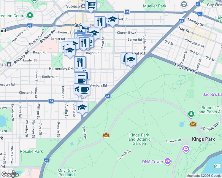 map of restaurants, bars, coffee shops, grocery stores, and more near 171 Thomas Street in Subiaco