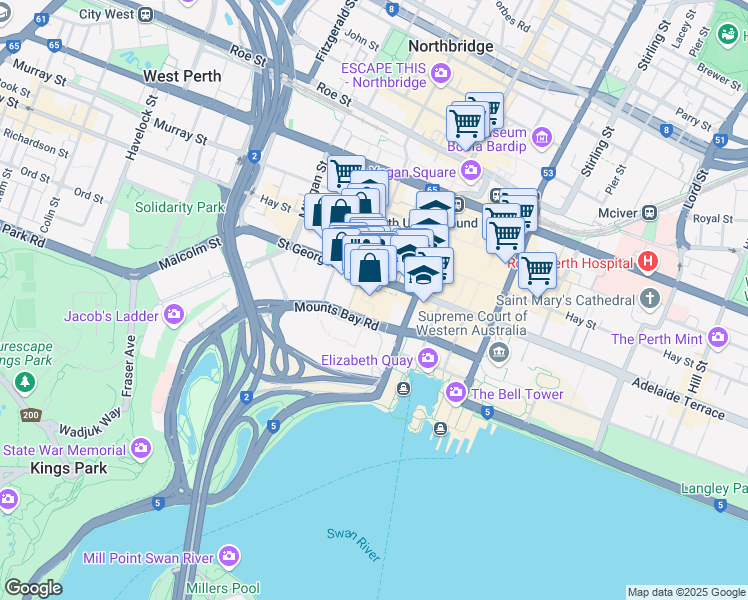 map of restaurants, bars, coffee shops, grocery stores, and more near 125 St Georges Terrace in Perth