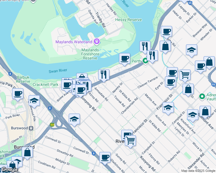 map of restaurants, bars, coffee shops, grocery stores, and more near 7 Toorak Road in Rivervale