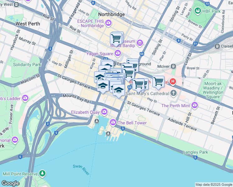 map of restaurants, bars, coffee shops, grocery stores, and more near 66 Saint Georges Terrace in Perth