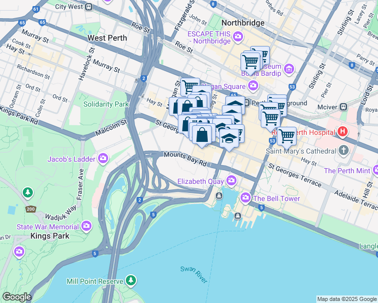 map of restaurants, bars, coffee shops, grocery stores, and more near 54 Mounts Bay Road in Perth