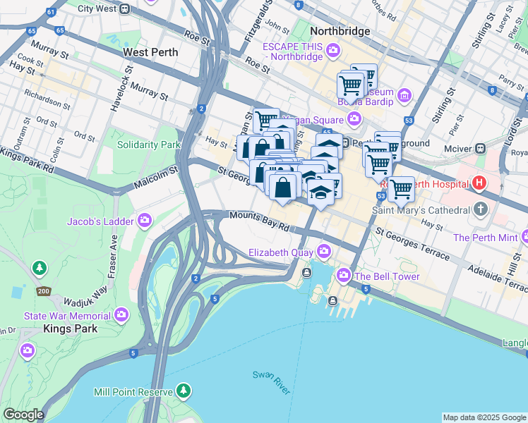 map of restaurants, bars, coffee shops, grocery stores, and more near 161 Saint Georges Terrace in Perth