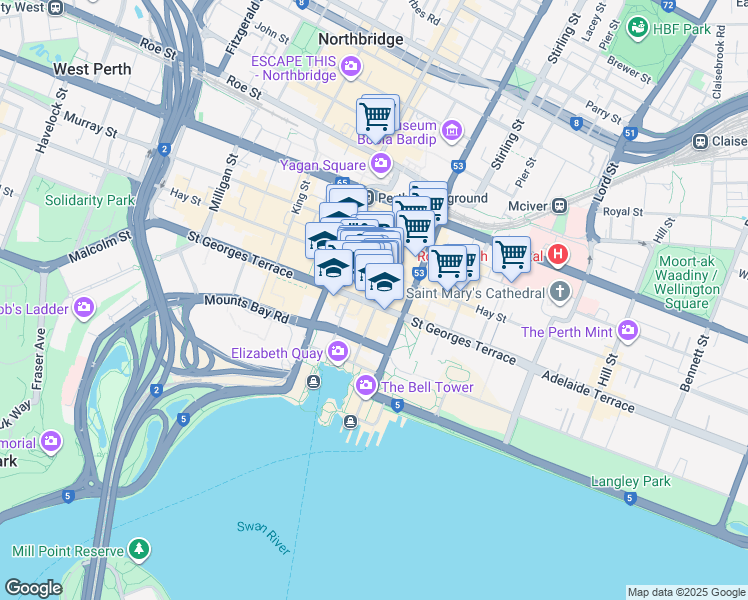 map of restaurants, bars, coffee shops, grocery stores, and more near 710 Hay Street in Perth