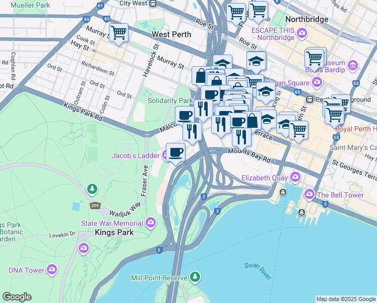 map of restaurants, bars, coffee shops, grocery stores, and more near 118 Mounts Bay Road in Perth