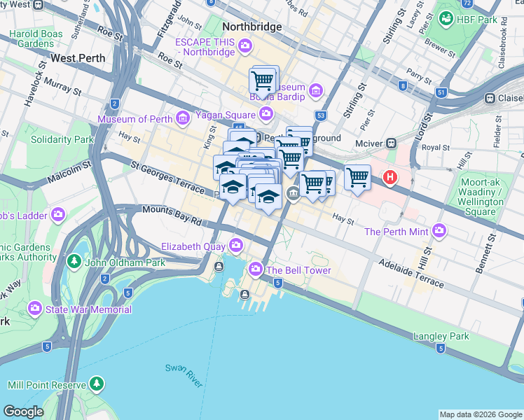 map of restaurants, bars, coffee shops, grocery stores, and more near 66 Saint Georges Terrace in Perth