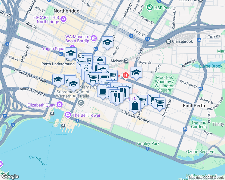 map of restaurants, bars, coffee shops, grocery stores, and more near 480 Hay Street in Perth