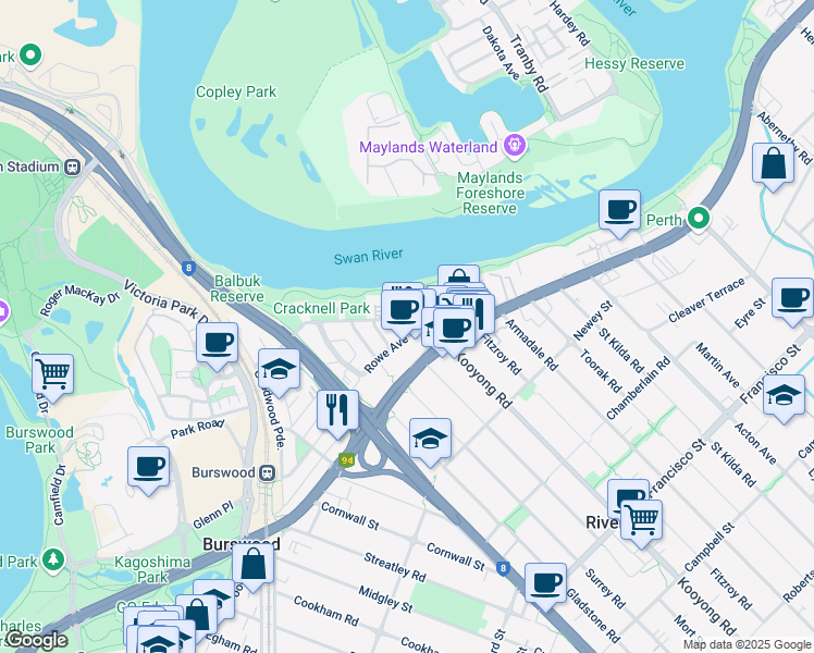 map of restaurants, bars, coffee shops, grocery stores, and more near 63 Riversdale Road in Rivervale