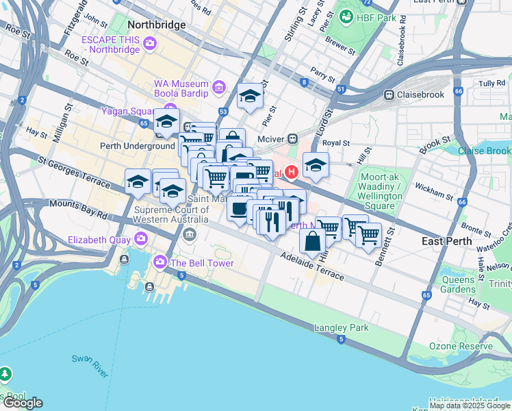 map of restaurants, bars, coffee shops, grocery stores, and more near 480 Hay Street in Perth