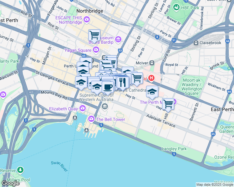 map of restaurants, bars, coffee shops, grocery stores, and more near 565 Hay Street in Perth