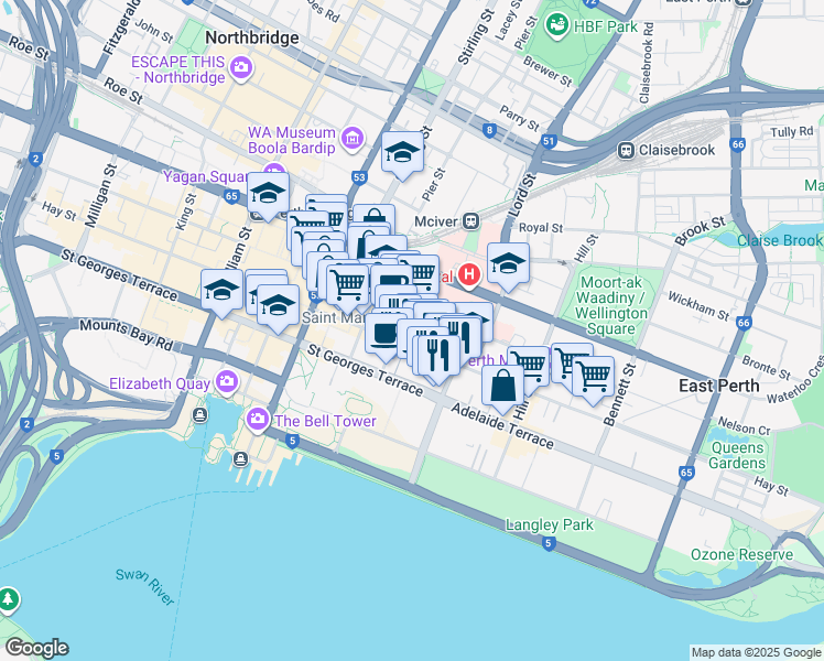 map of restaurants, bars, coffee shops, grocery stores, and more near 480 Hay Street in Perth