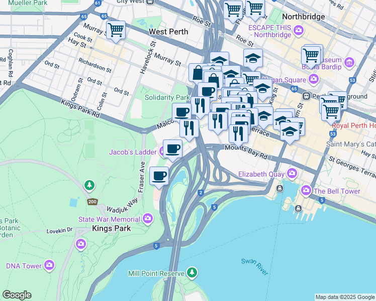 map of restaurants, bars, coffee shops, grocery stores, and more near 116 Mounts Bay Road in Perth