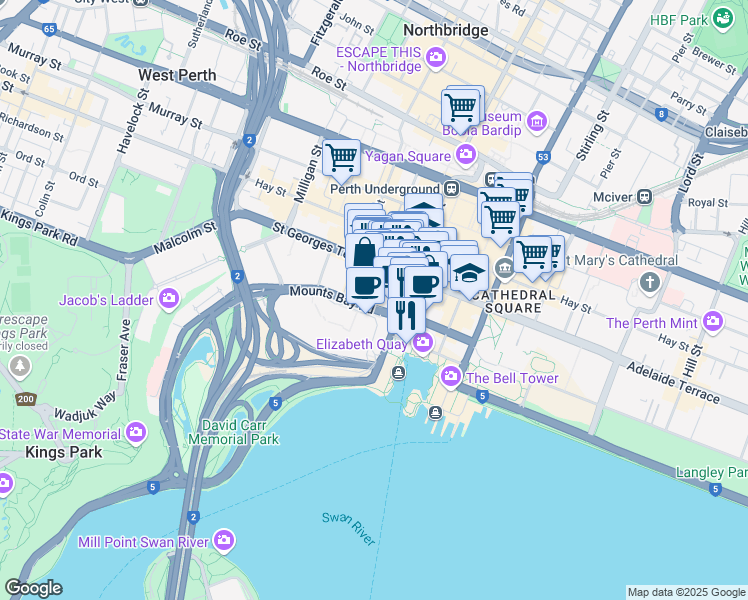 map of restaurants, bars, coffee shops, grocery stores, and more near 123A Saint Georges Terrace in Perth