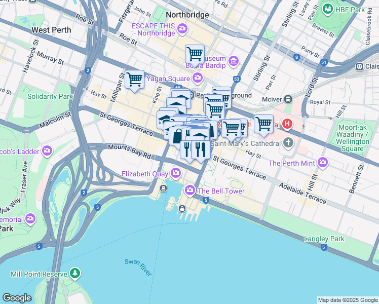 map of restaurants, bars, coffee shops, grocery stores, and more near 77 Saint Georges Terrace in Perth