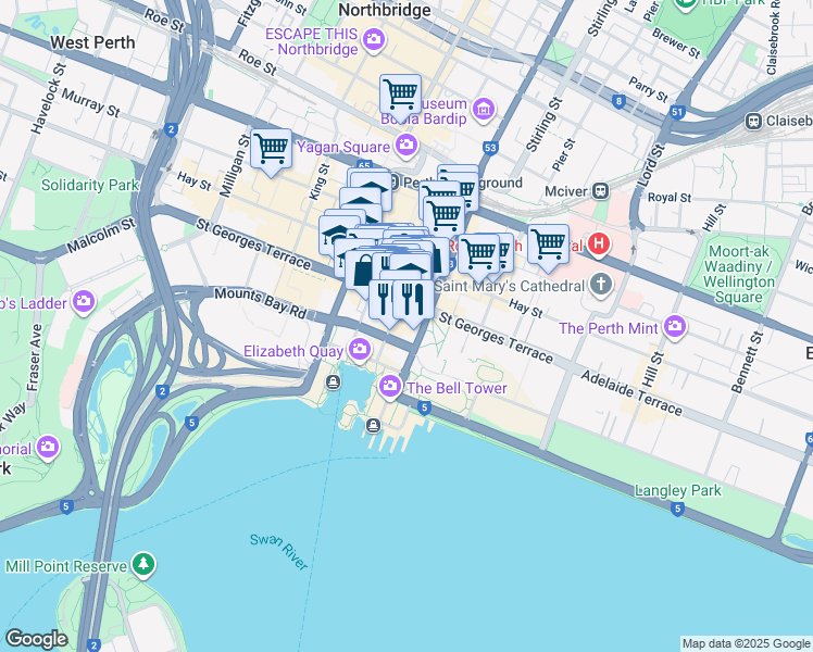 map of restaurants, bars, coffee shops, grocery stores, and more near 2 The Esplanade in Perth