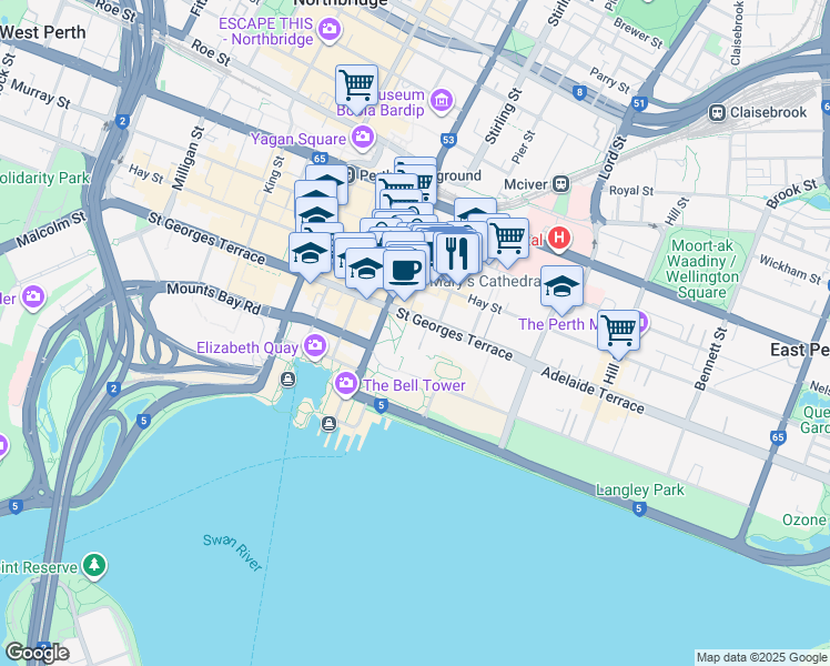 map of restaurants, bars, coffee shops, grocery stores, and more near 29 Saint Georges Terrace in Perth