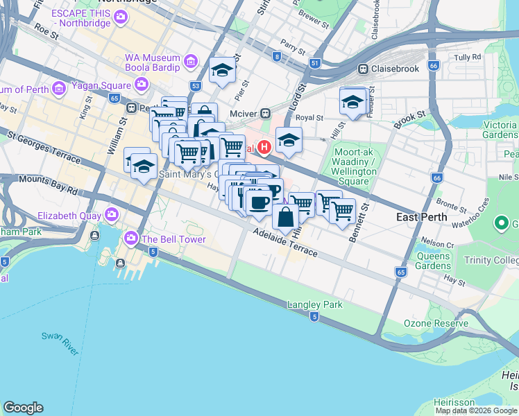 map of restaurants, bars, coffee shops, grocery stores, and more near 16 Victoria Avenue in Perth