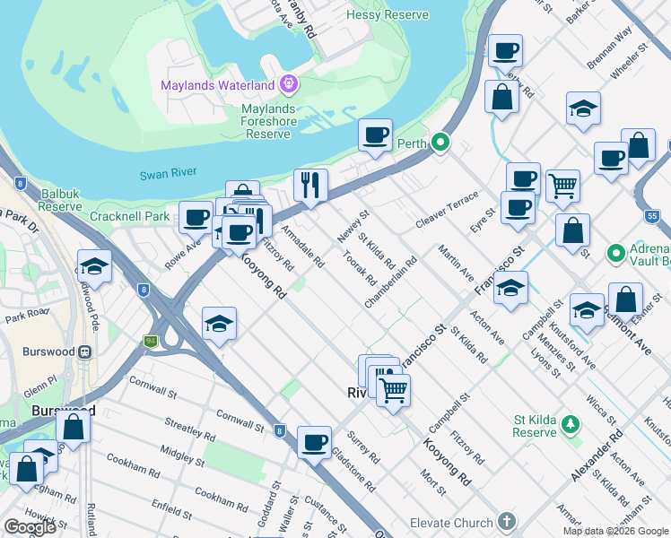 map of restaurants, bars, coffee shops, grocery stores, and more near 27 Armadale Road in Rivervale