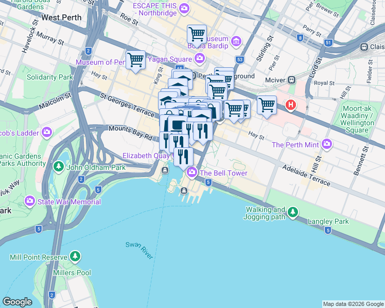 map of restaurants, bars, coffee shops, grocery stores, and more near 1 The Esplanade in Perth