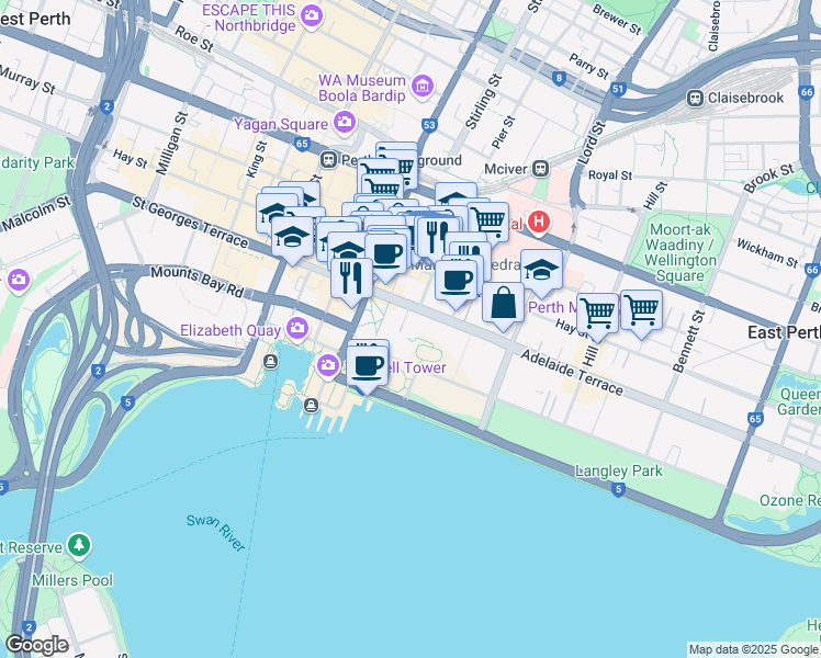 map of restaurants, bars, coffee shops, grocery stores, and more near 13 Saint Georges Terrace in Perth
