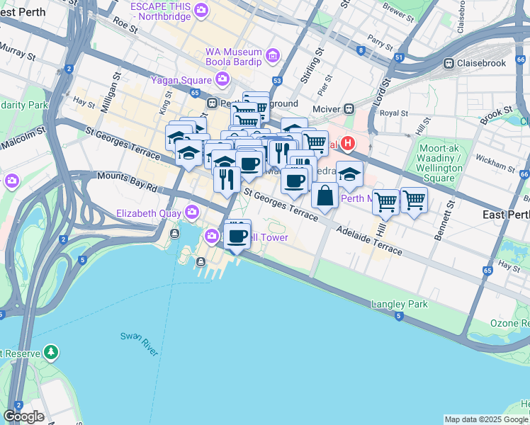 map of restaurants, bars, coffee shops, grocery stores, and more near 13 Saint Georges Terrace in Perth