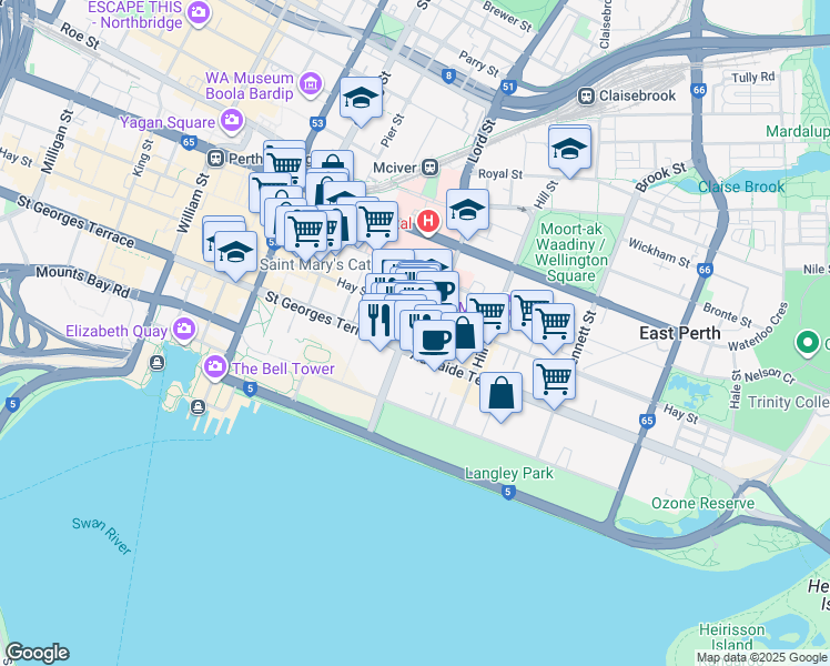 map of restaurants, bars, coffee shops, grocery stores, and more near 8 Victoria Avenue in Perth