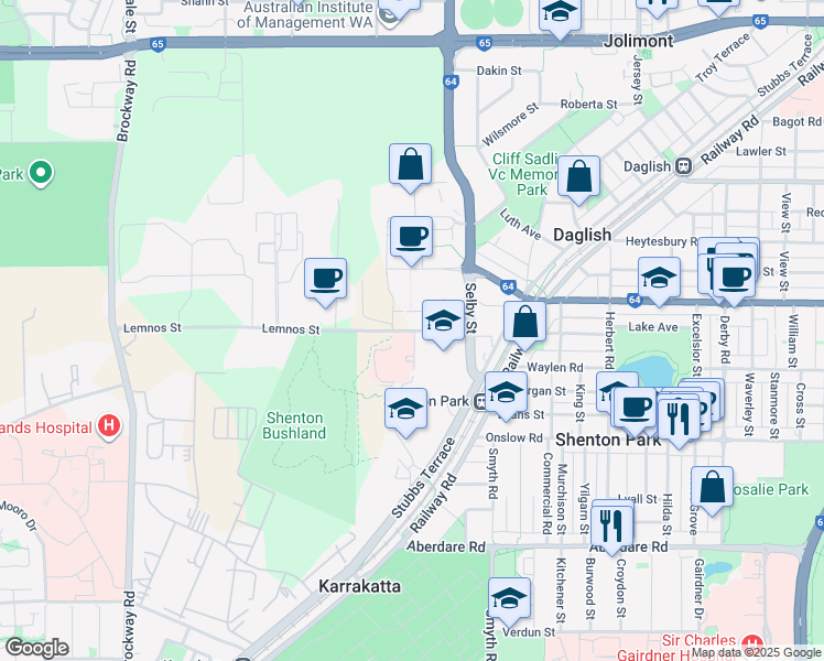 map of restaurants, bars, coffee shops, grocery stores, and more near 11 Lemnos Street in Shenton Park