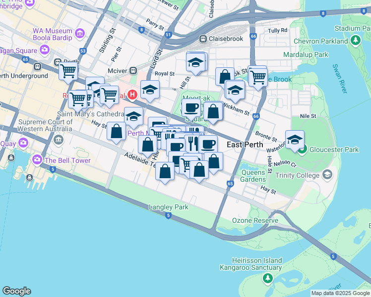map of restaurants, bars, coffee shops, grocery stores, and more near 111 Goderich Street in East Perth