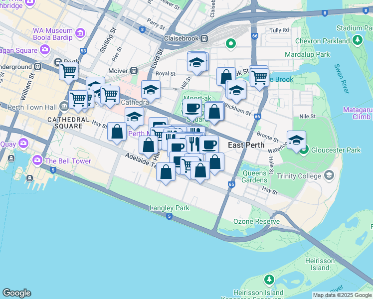 map of restaurants, bars, coffee shops, grocery stores, and more near 274 Hay Street in Perth