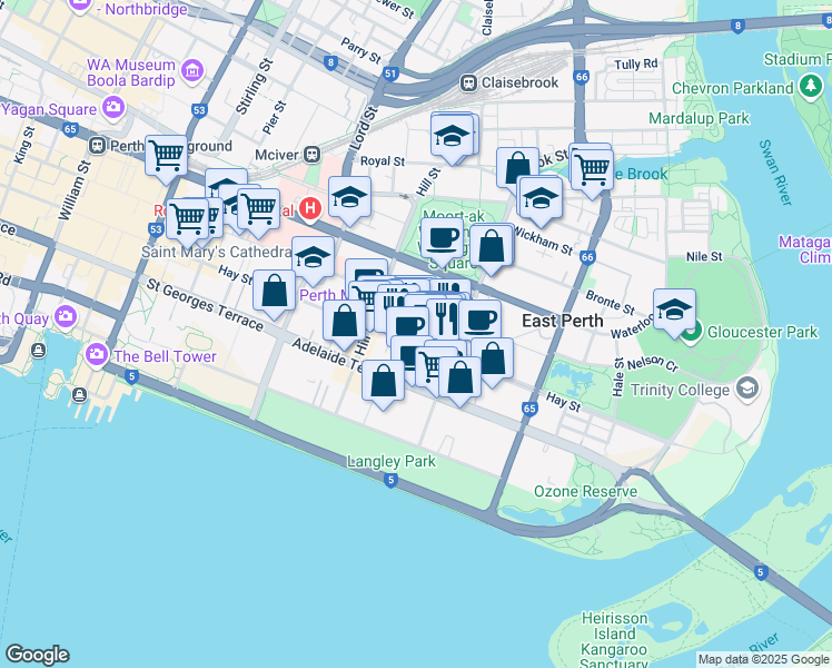 map of restaurants, bars, coffee shops, grocery stores, and more near 274 Hay Street in Perth