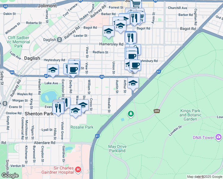 map of restaurants, bars, coffee shops, grocery stores, and more near 44 Rosalie Street in Shenton Park