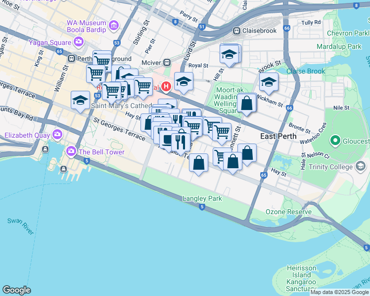 map of restaurants, bars, coffee shops, grocery stores, and more near 226 Adelaide Terrace in Perth
