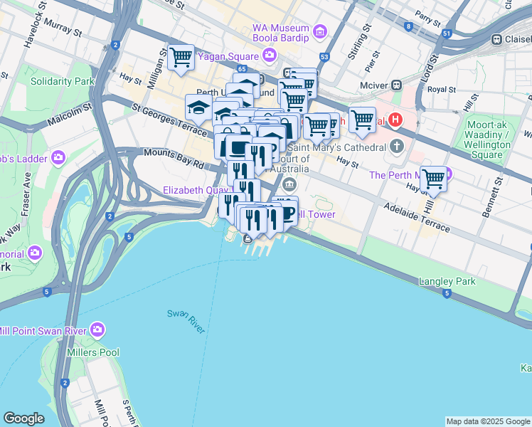 map of restaurants, bars, coffee shops, grocery stores, and more near in Perth