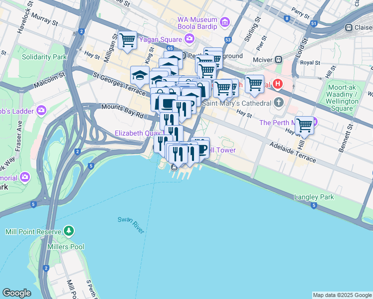 map of restaurants, bars, coffee shops, grocery stores, and more near 28 Barrack Street in Perth