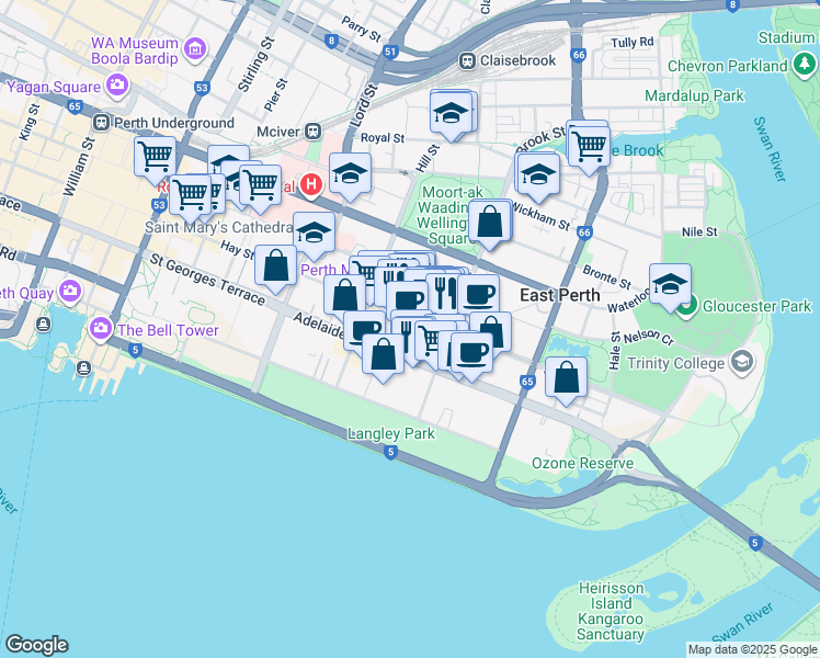 map of restaurants, bars, coffee shops, grocery stores, and more near 273 Hay Street in East Perth