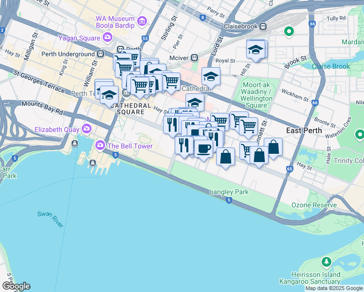 map of restaurants, bars, coffee shops, grocery stores, and more near 263 Adelaide Terrace in Perth