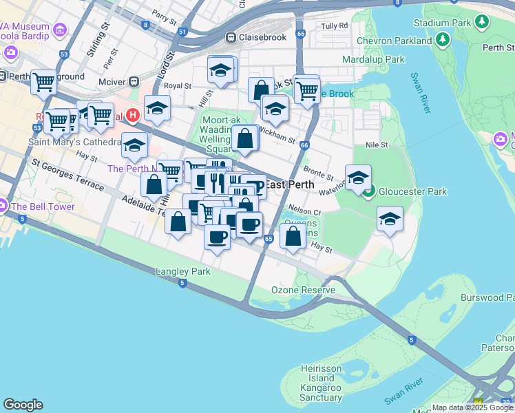 map of restaurants, bars, coffee shops, grocery stores, and more near 35 Goderich Street in East Perth