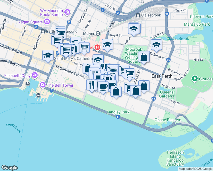 map of restaurants, bars, coffee shops, grocery stores, and more near 221 Adelaide Terrace in Perth