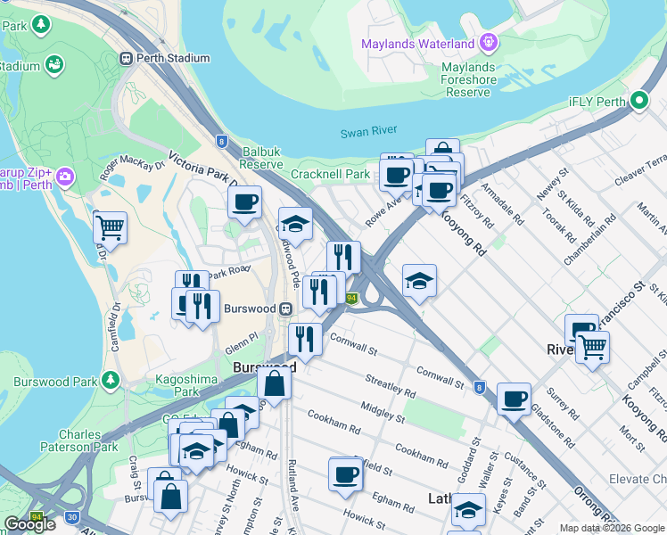 map of restaurants, bars, coffee shops, grocery stores, and more near 37 Stiles Avenue in Burswood