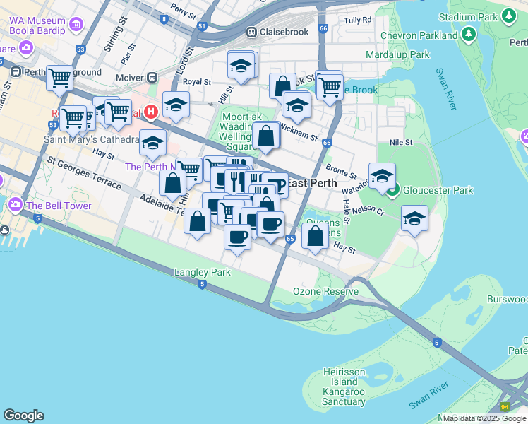 map of restaurants, bars, coffee shops, grocery stores, and more near 190 Hay Street in East Perth