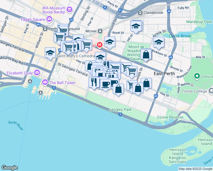 map of restaurants, bars, coffee shops, grocery stores, and more near 229 Adelaide Terrace in Perth
