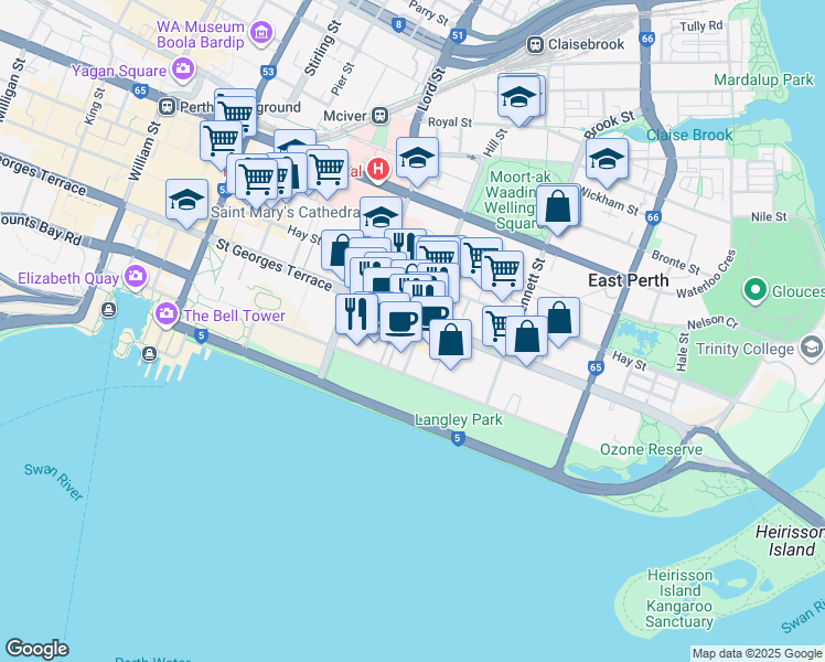 map of restaurants, bars, coffee shops, grocery stores, and more near 221 Adelaide Terrace in Perth