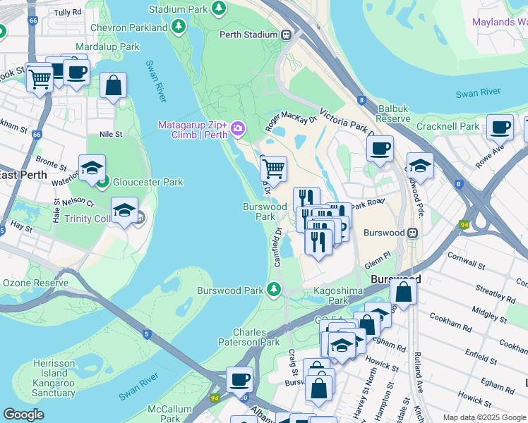 map of restaurants, bars, coffee shops, grocery stores, and more near 1 Camfield Drive in Burswood