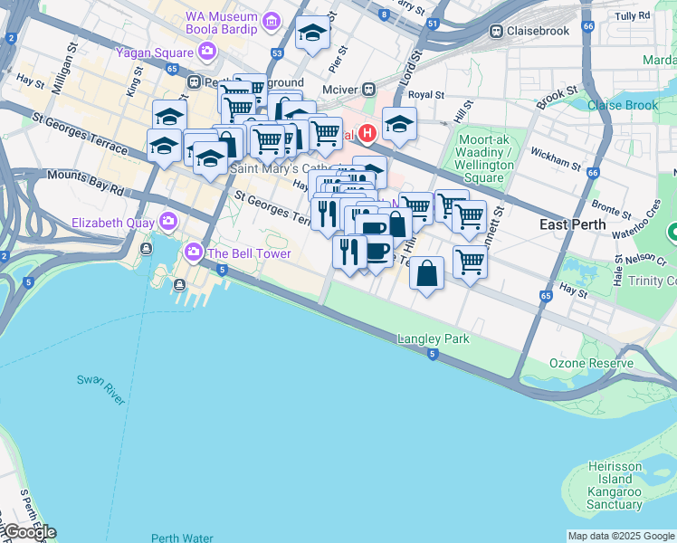 map of restaurants, bars, coffee shops, grocery stores, and more near 2 Victoria Avenue in Perth