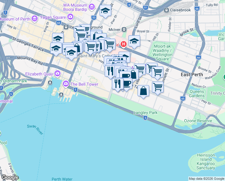 map of restaurants, bars, coffee shops, grocery stores, and more near 2 Victoria Avenue in Perth