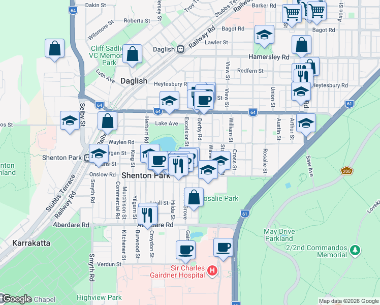map of restaurants, bars, coffee shops, grocery stores, and more near 62 Excelsior Street in Shenton Park