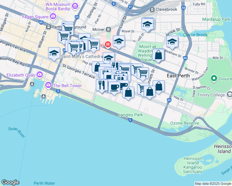 map of restaurants, bars, coffee shops, grocery stores, and more near 29 Hill Street in Perth