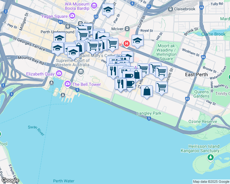 map of restaurants, bars, coffee shops, grocery stores, and more near 2 Victoria Avenue in Perth