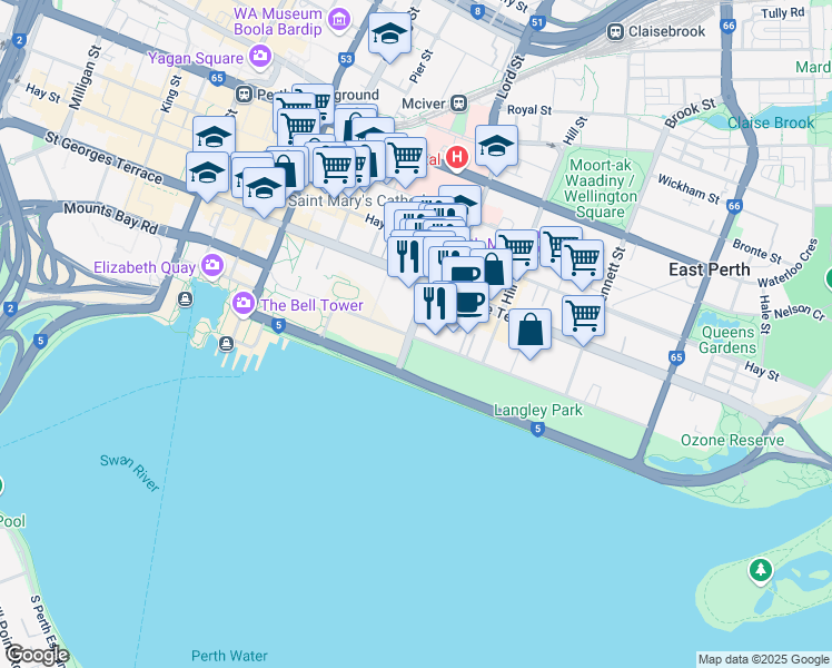 map of restaurants, bars, coffee shops, grocery stores, and more near 1 Victoria Avenue in Perth